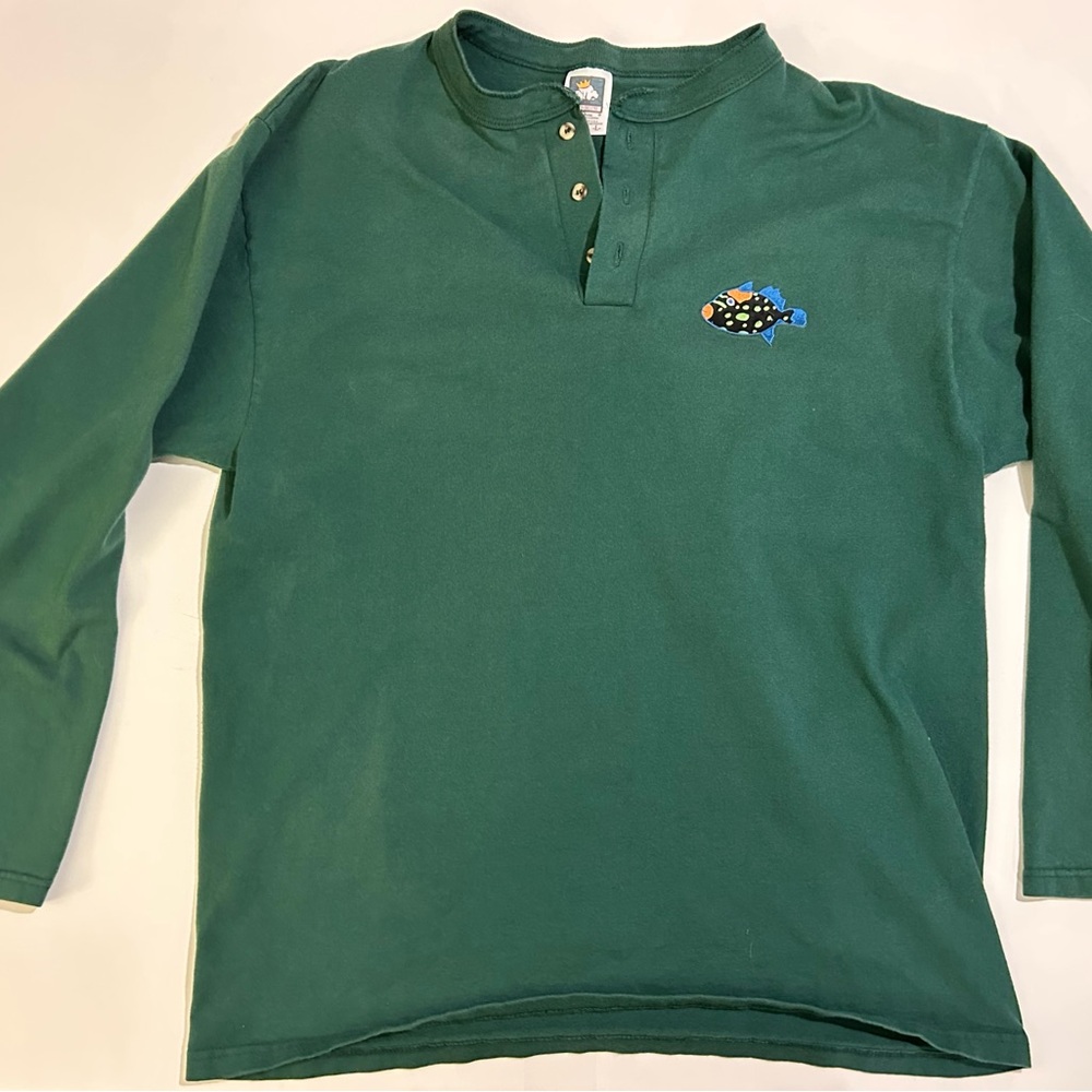 Vintage Cotton Deluxe Long Sleeve Henley Shirt in Green w/ Embroidered Fish